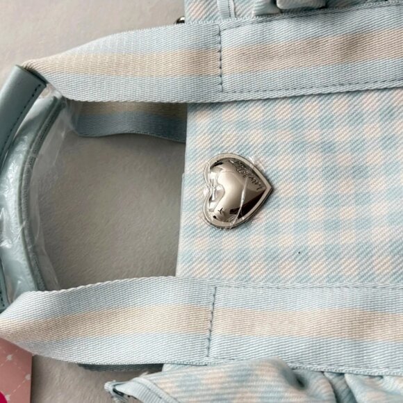 Betsey Johnson Luv Betsey Light Blue Gingham Ruffle Shoulder Bag Heart Sharm NWT - Picture 6 of 16